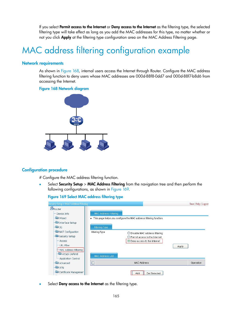 Mac address filtering configuration example, Network requirements, Configuration procedure | H3C Technologies H3C MSR 50 User Manual | Page 186 / 877