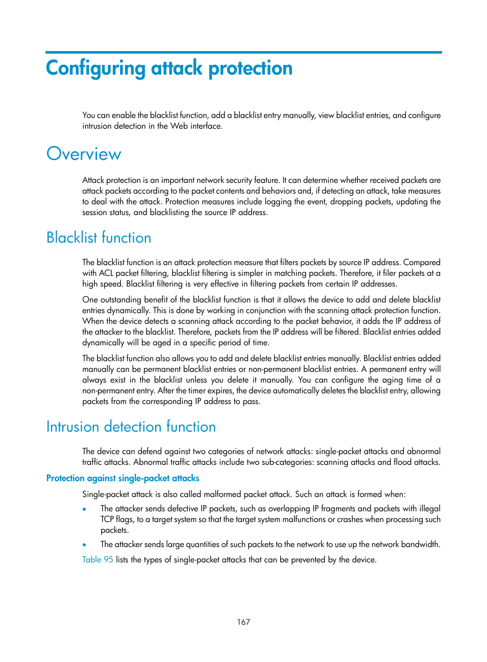 Configuring attack protection, Overview, Blacklist function | Intrusion detection function, Protection against single-packet attacks | H3C Technologies H3C MSR 50 User Manual | Page 188 / 877