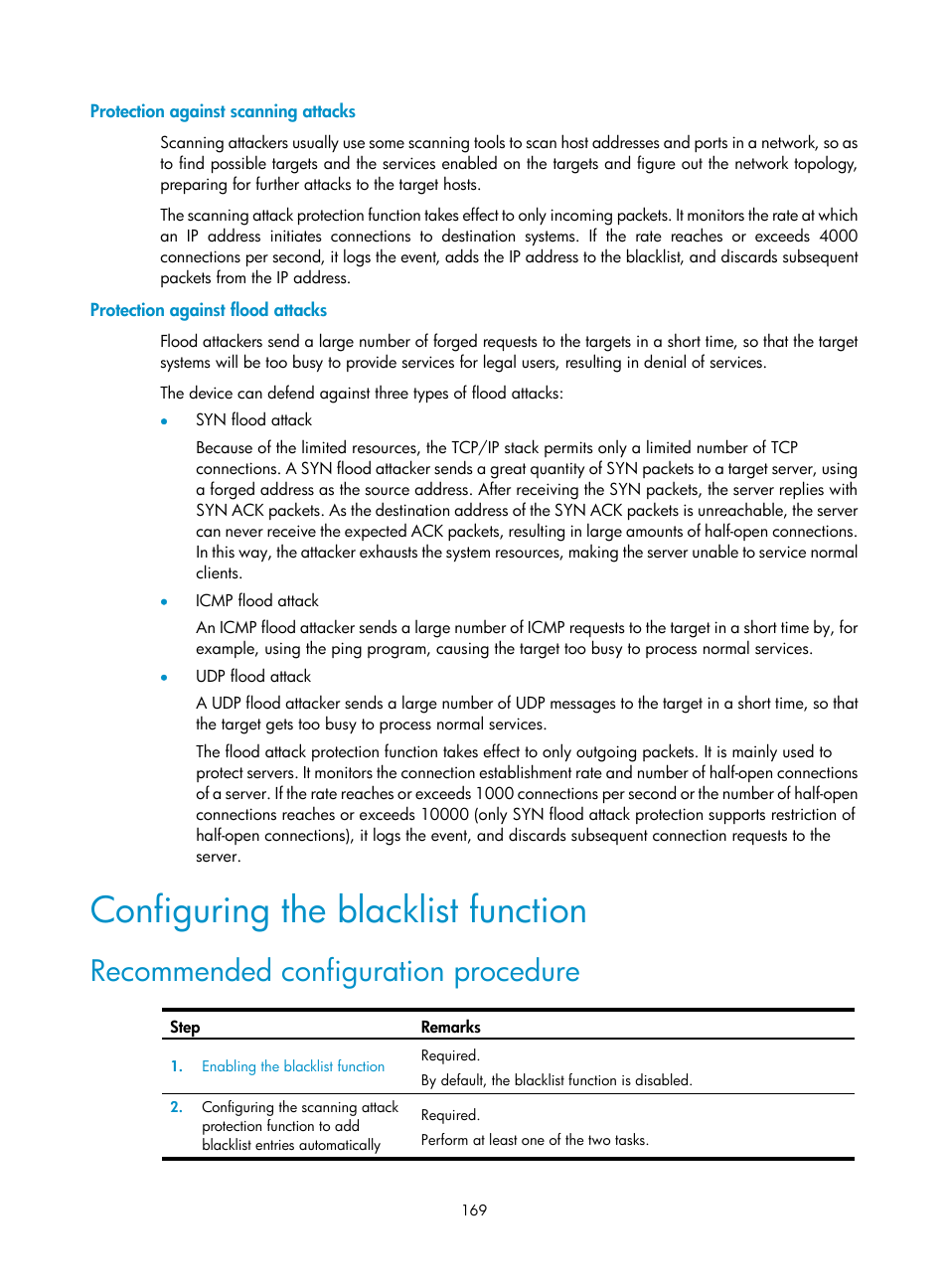 Protection against scanning attacks, Protection against flood attacks, Configuring the blacklist function | Recommended configuration procedure | H3C Technologies H3C MSR 50 User Manual | Page 190 / 877