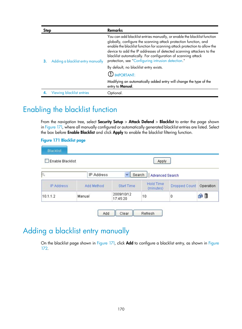 Enabling the blacklist function, Adding a blacklist entry manually | H3C Technologies H3C MSR 50 User Manual | Page 191 / 877