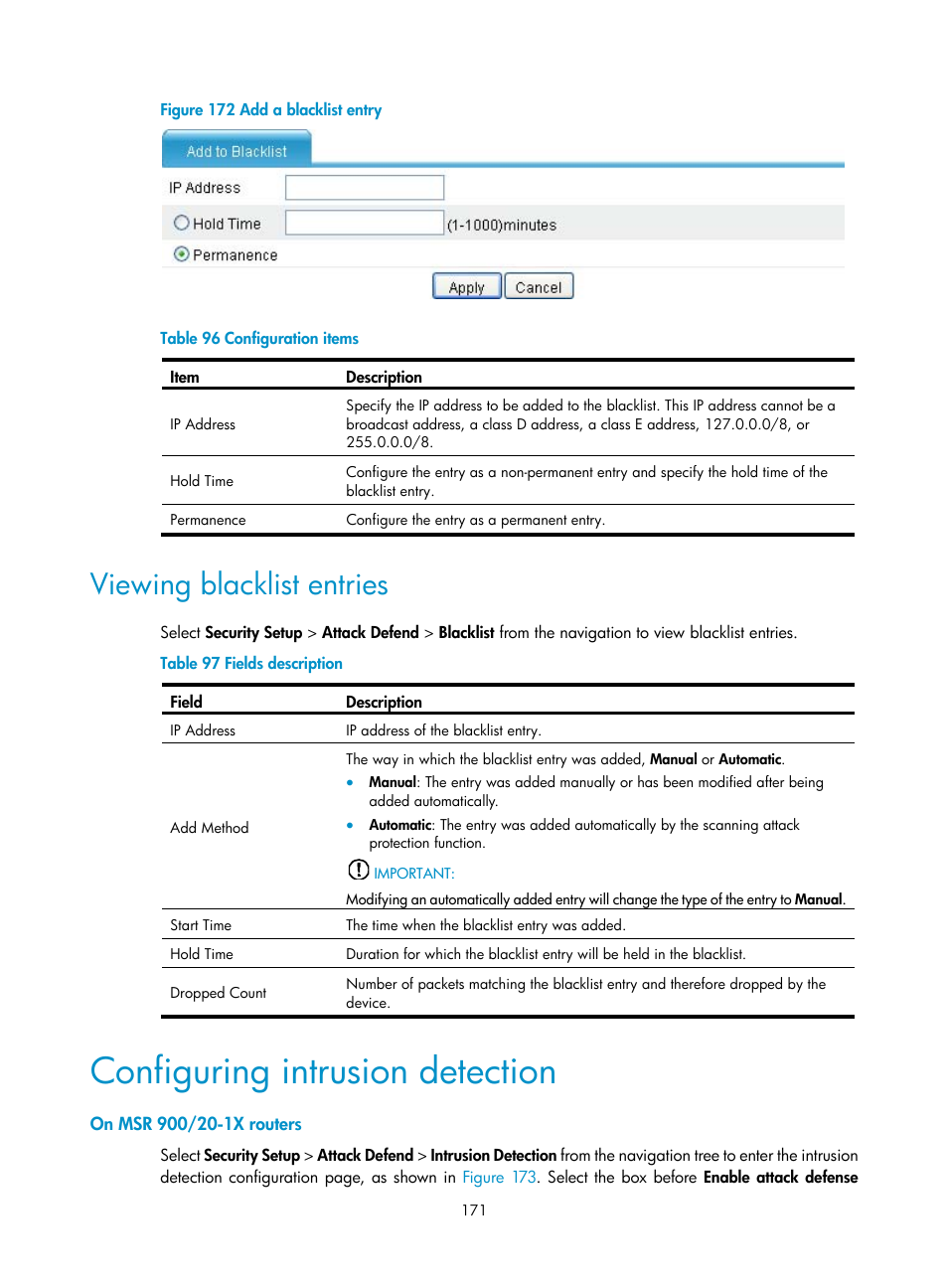 Viewing blacklist entries, Configuring intrusion detection, On msr 900/20-1x routers | Figure | H3C Technologies H3C MSR 50 User Manual | Page 192 / 877