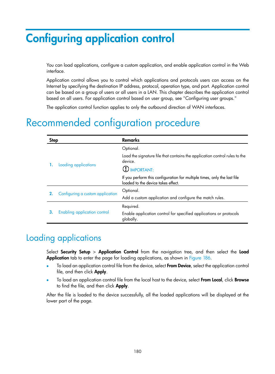 Configuring application control, Recommended configuration procedure, Loading applications | H3C Technologies H3C MSR 50 User Manual | Page 201 / 877
