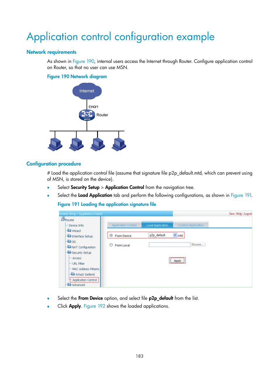 Application control configuration example, Network requirements, Configuration procedure | H3C Technologies H3C MSR 50 User Manual | Page 204 / 877