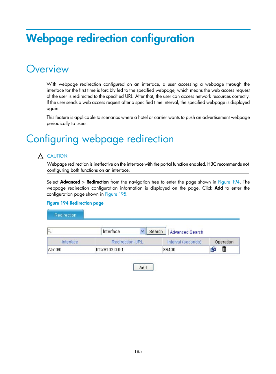 Overview, Webpage redirection configuration, Configuring webpage redirection | H3C Technologies H3C MSR 50 User Manual | Page 206 / 877