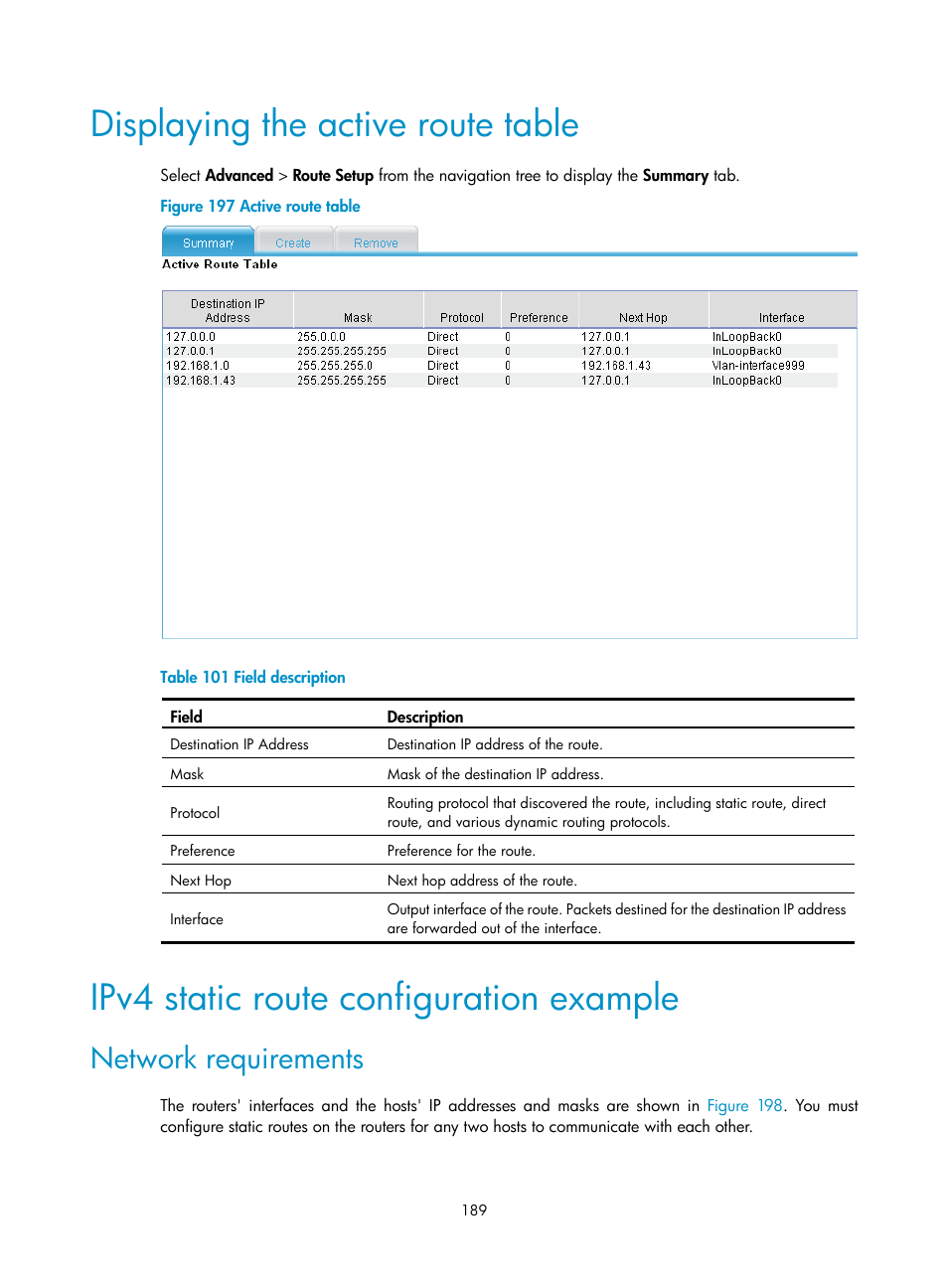 Displaying the active route table, Ipv4 static route configuration example, Network requirements | H3C Technologies H3C MSR 50 User Manual | Page 210 / 877