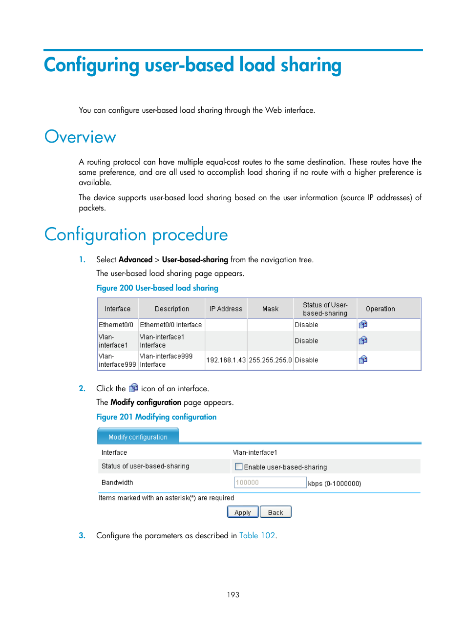 Configuring user-based load sharing, Overview, Configuration procedure | H3C Technologies H3C MSR 50 User Manual | Page 214 / 877