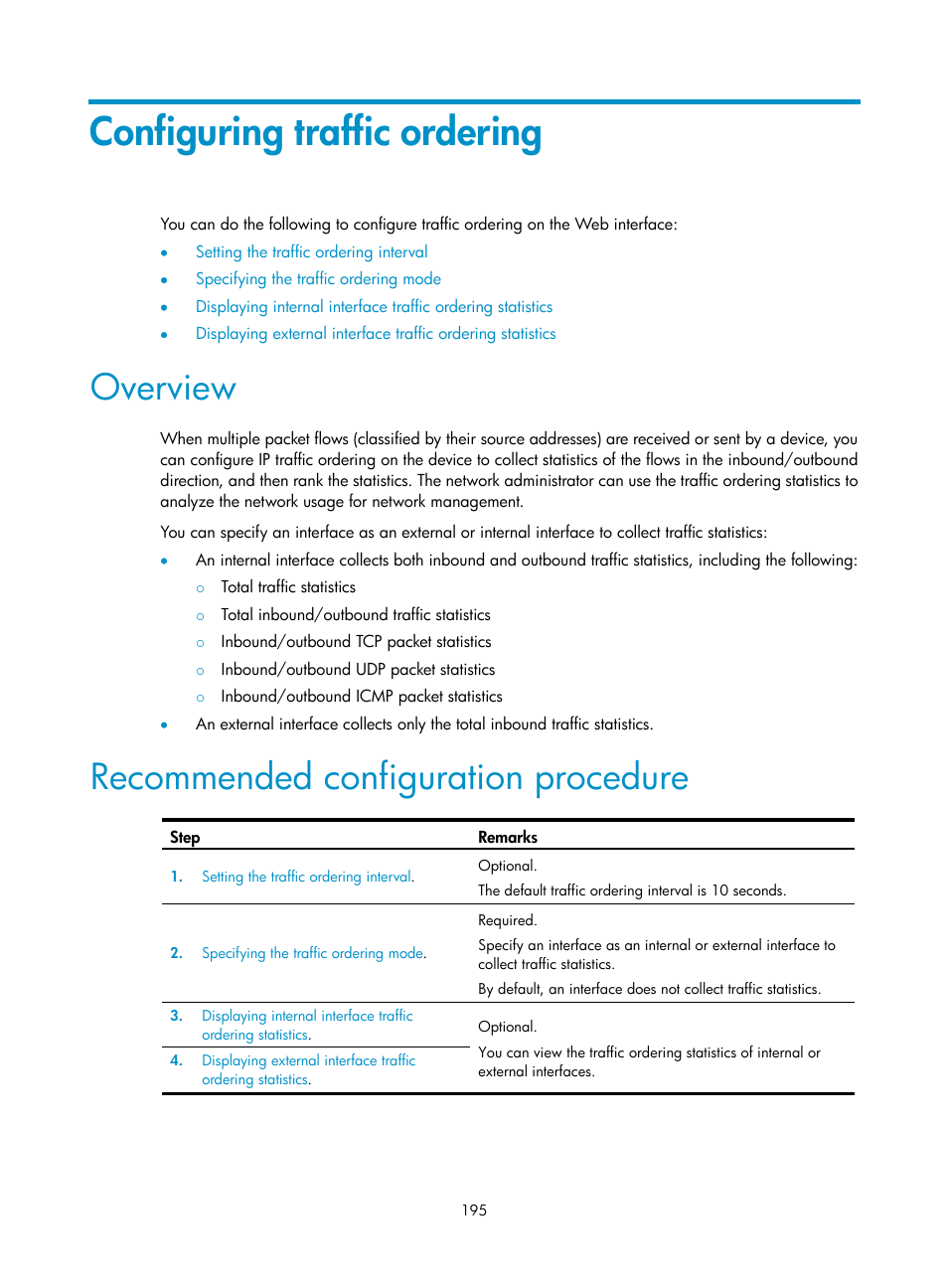 Configuring traffic ordering, Overview, Recommended configuration procedure | H3C Technologies H3C MSR 50 User Manual | Page 216 / 877