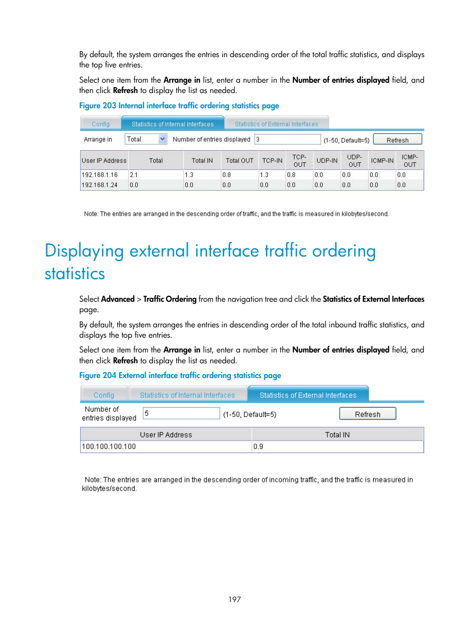 Displaying external interface traffic, Ordering statistics | H3C Technologies H3C MSR 50 User Manual | Page 218 / 877