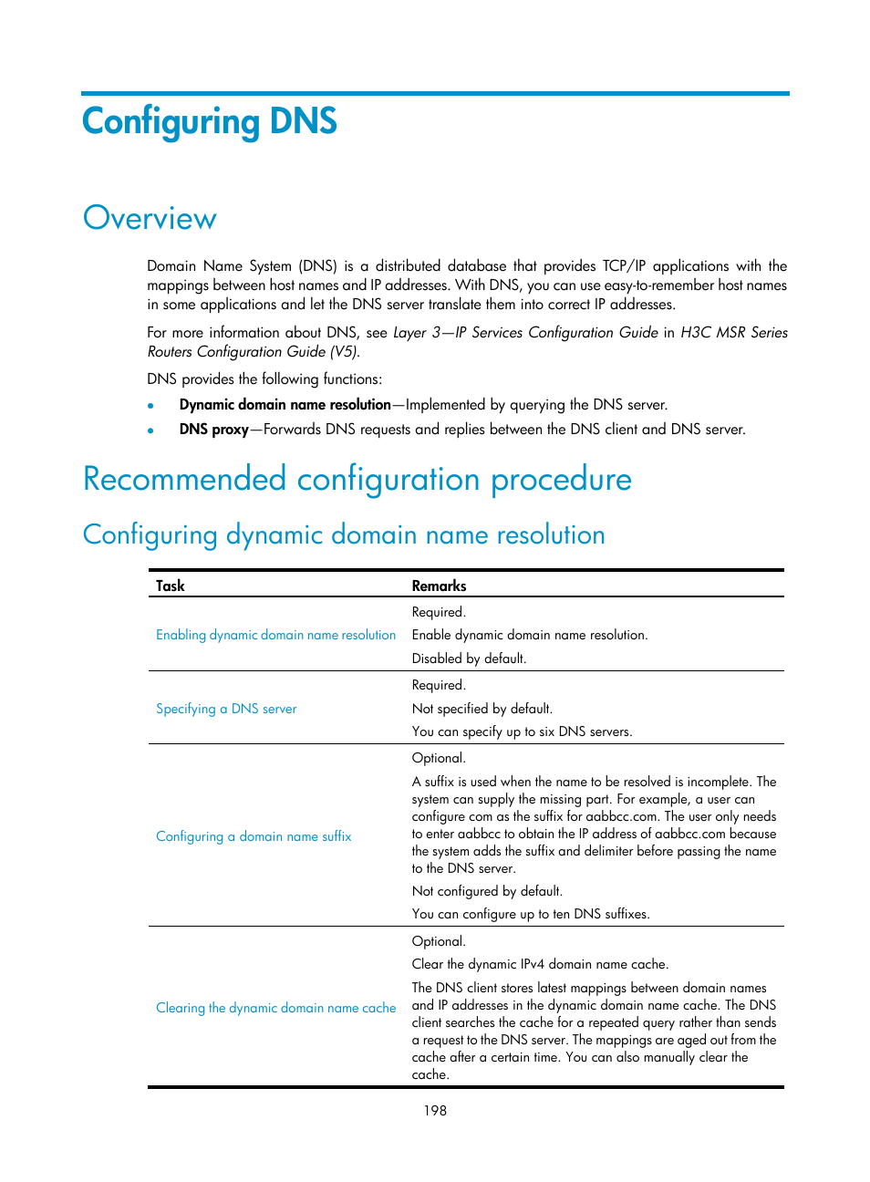 Configuring dns, Overview, Recommended configuration procedure | Configuring dynamic domain name resolution | H3C Technologies H3C MSR 50 User Manual | Page 219 / 877