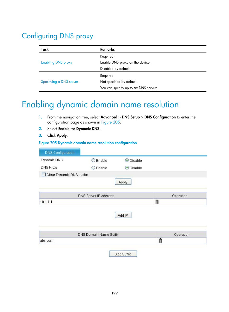 Configuring dns proxy, Enabling dynamic domain name resolution | H3C Technologies H3C MSR 50 User Manual | Page 220 / 877