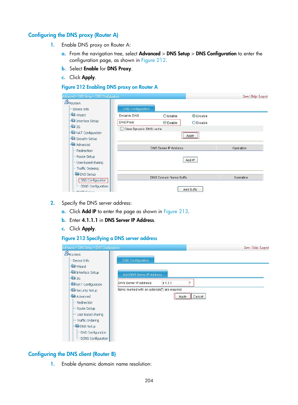 Configuring the dns proxy (router a), Configuring the dns client (router b) | H3C Technologies H3C MSR 50 User Manual | Page 225 / 877