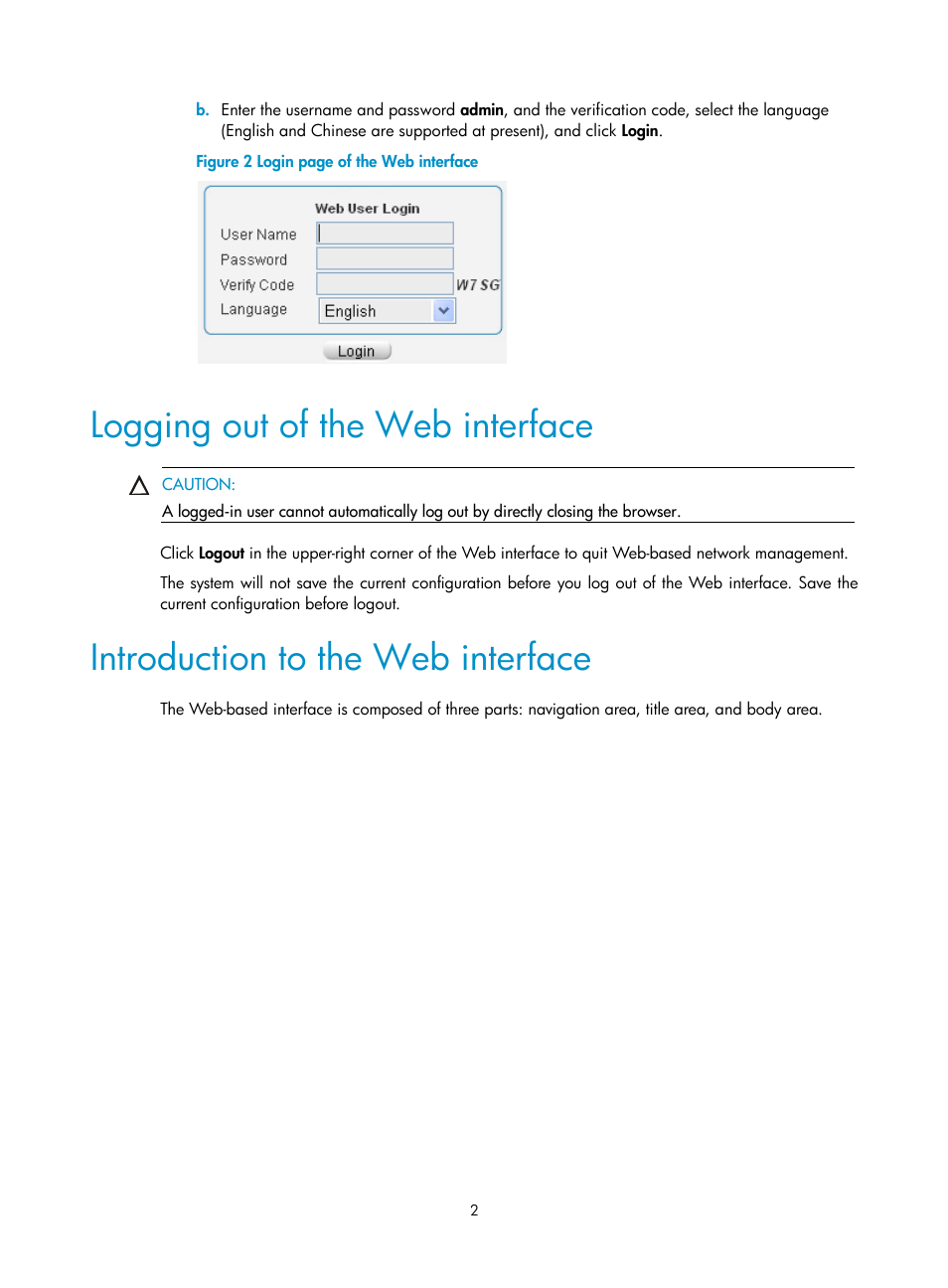 Logging out of the web interface, Introduction to the web interface, Figure 2 | Appears | H3C Technologies H3C MSR 50 User Manual | Page 23 / 877