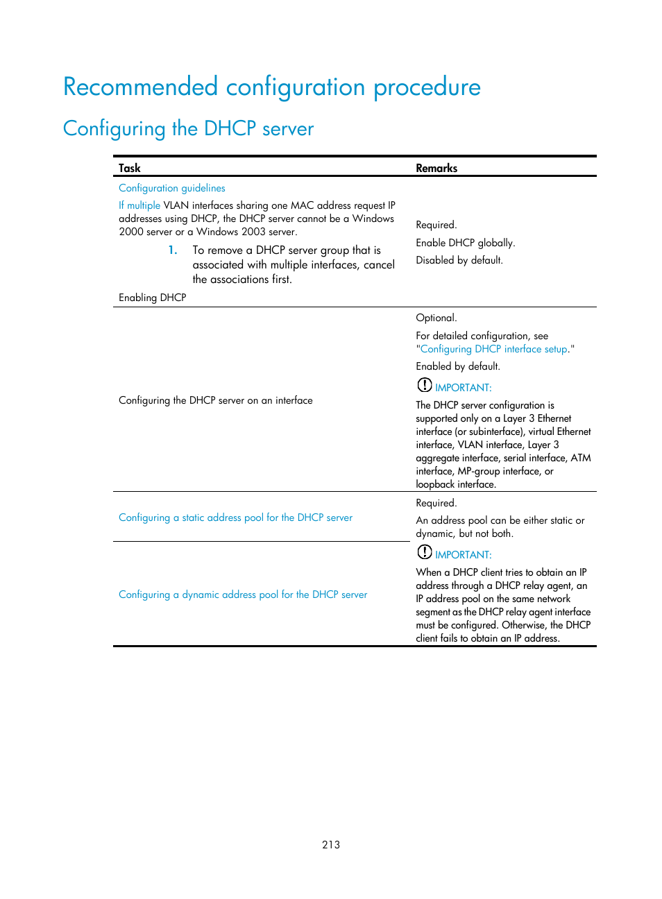 Recommended configuration procedure, Configuring the dhcp server | H3C Technologies H3C MSR 50 User Manual | Page 234 / 877