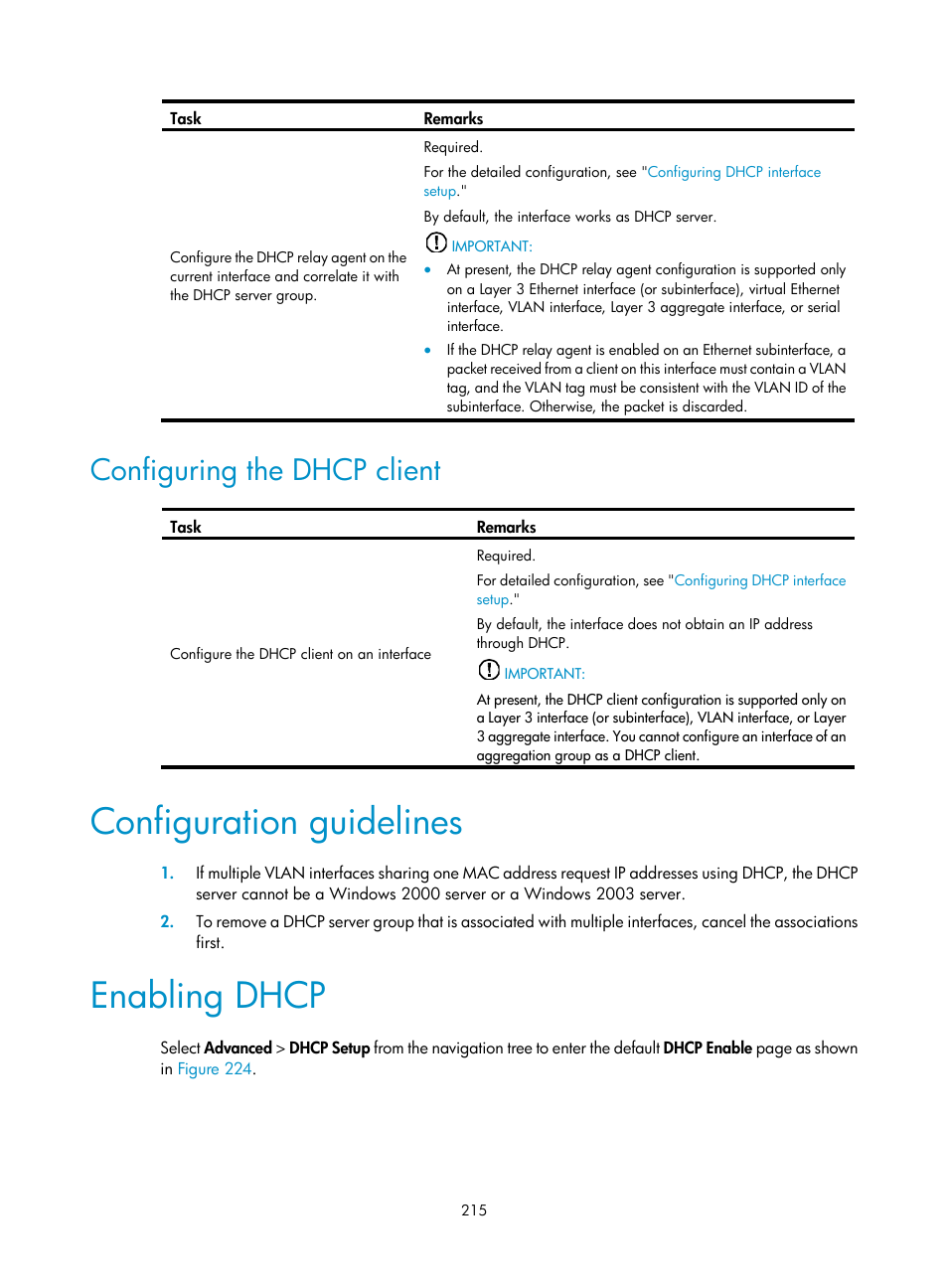 Configuring the dhcp client, Configuration guidelines, Enabling dhcp | Configuration guidelines if multiple, Vlan interfaces sharing one mac address request ip, The associations first, Vlan interfaces sharing one, Mac address request ip addresses, Windows 2003 server, To remove a dhcp server group that is | H3C Technologies H3C MSR 50 User Manual | Page 236 / 877