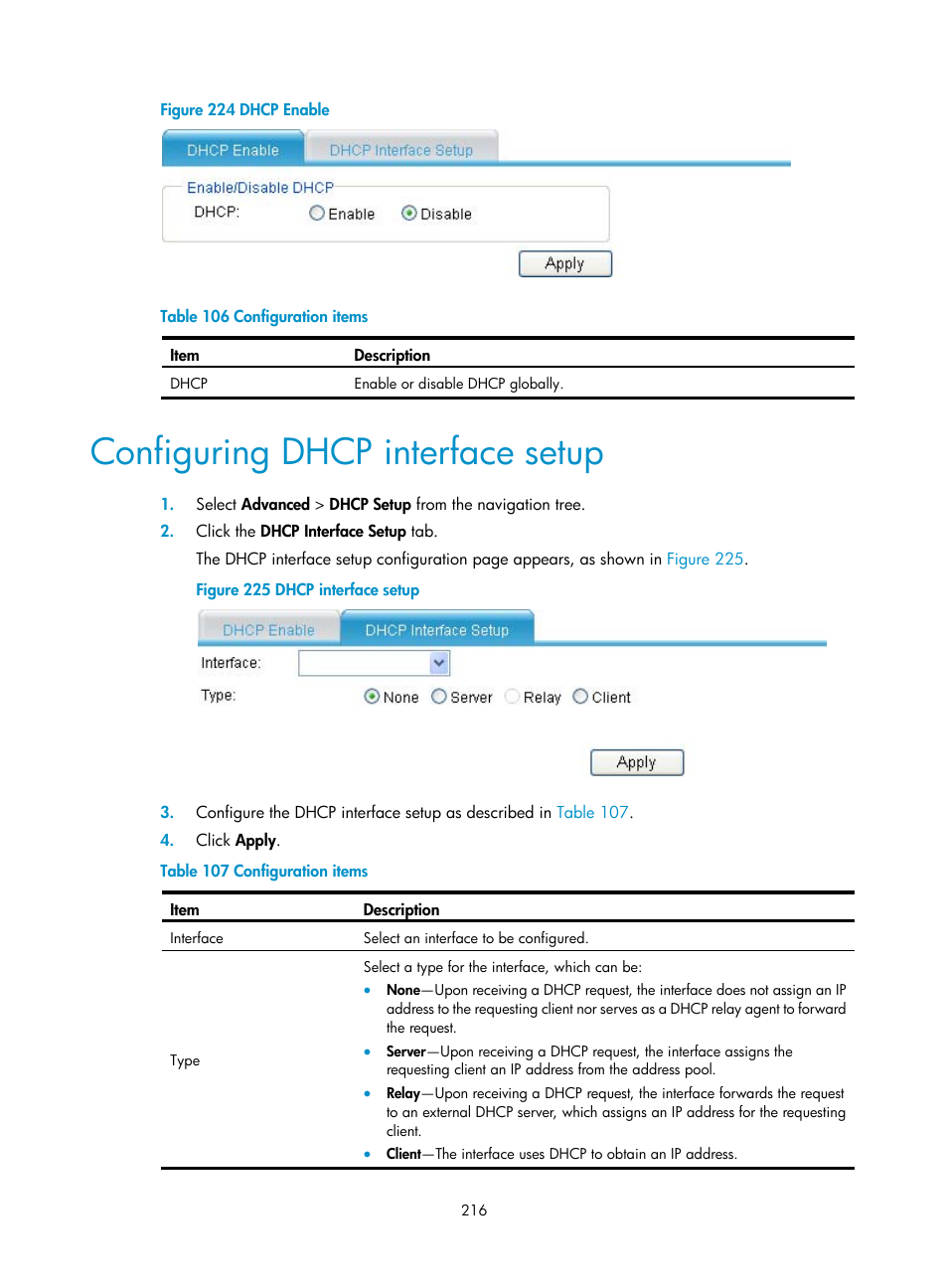 Configuring dhcp interface setup | H3C Technologies H3C MSR 50 User Manual | Page 237 / 877