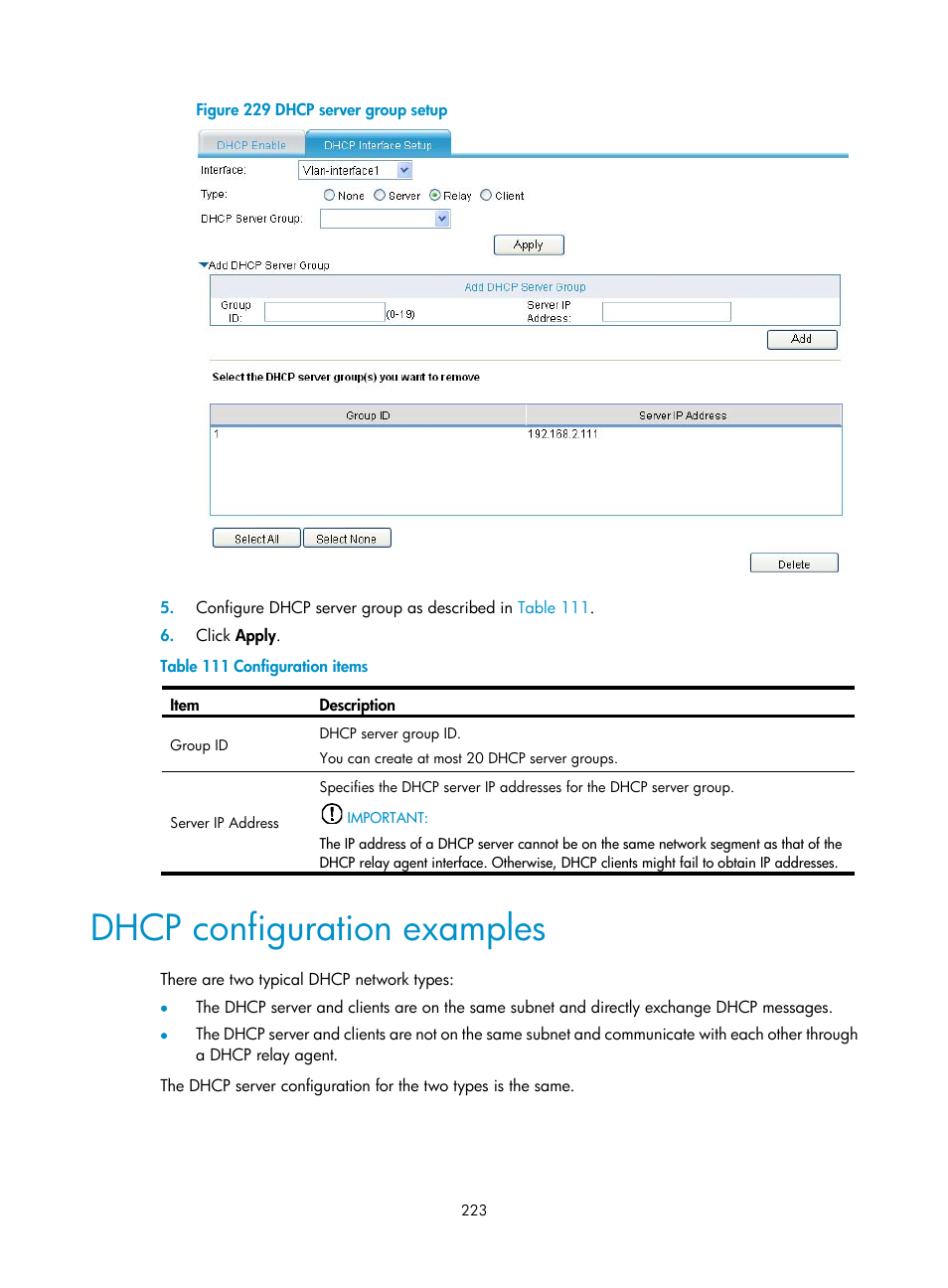 Dhcp configuration examples | H3C Technologies H3C MSR 50 User Manual | Page 244 / 877