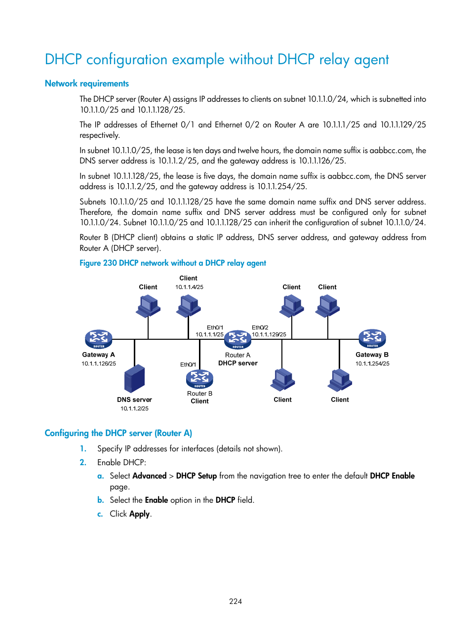 Network requirements, Configuring the dhcp server (router a) | H3C Technologies H3C MSR 50 User Manual | Page 245 / 877