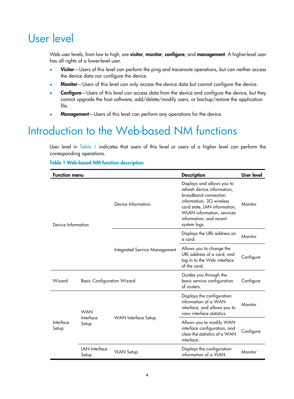 User level, Introduction to the web-based nm functions | H3C Technologies H3C MSR 50 User Manual | Page 25 / 877