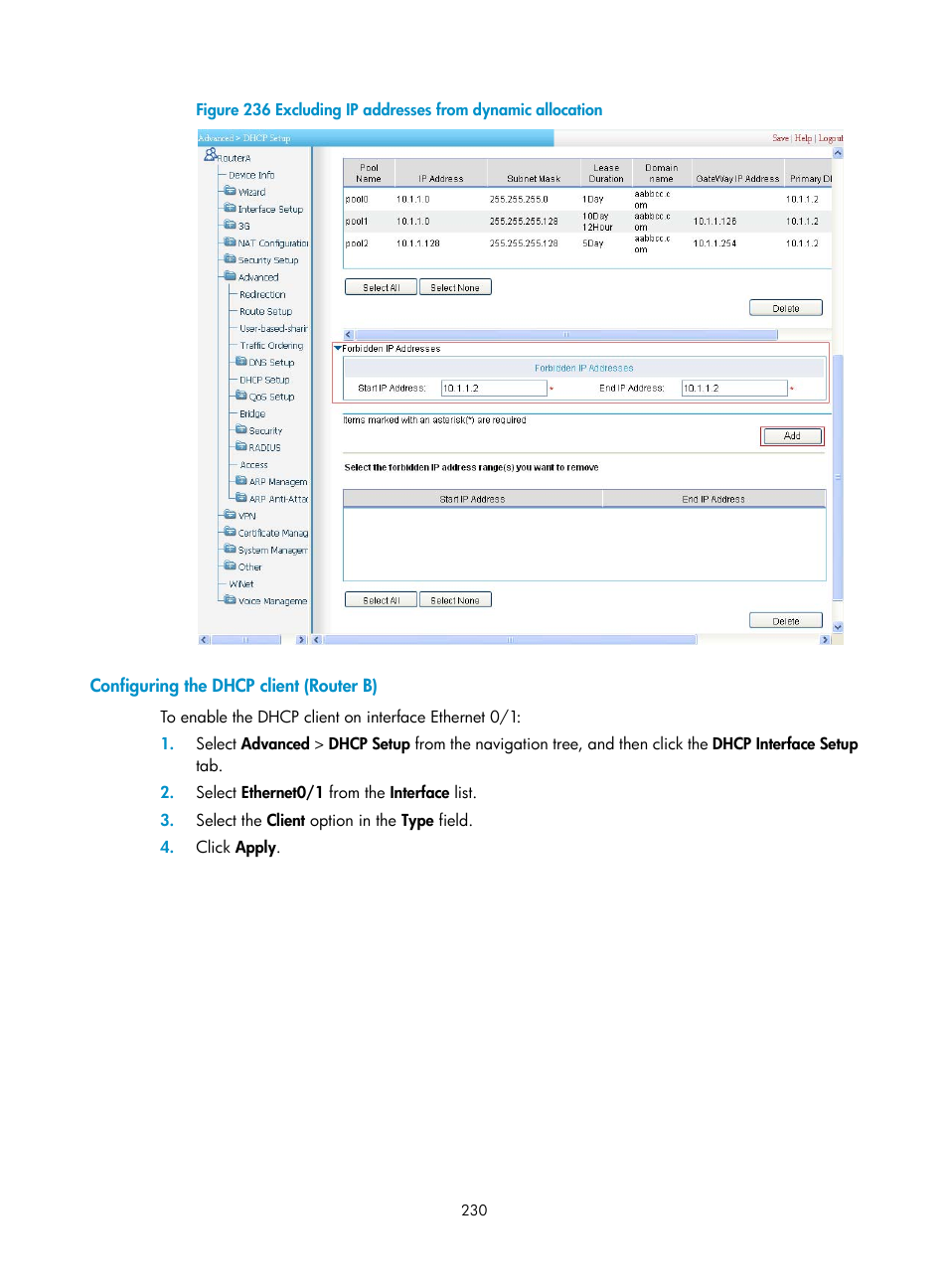 Configuring the dhcp client (router b), As shown in, Figure 236 | And enter | H3C Technologies H3C MSR 50 User Manual | Page 251 / 877