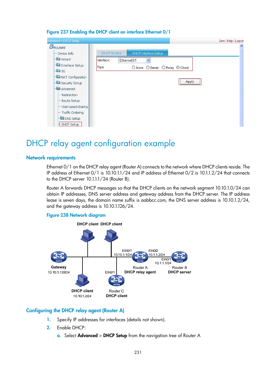 Dhcp relay agent configuration example, Network requirements, Configuring the dhcp relay agent (router a) | H3C Technologies H3C MSR 50 User Manual | Page 252 / 877