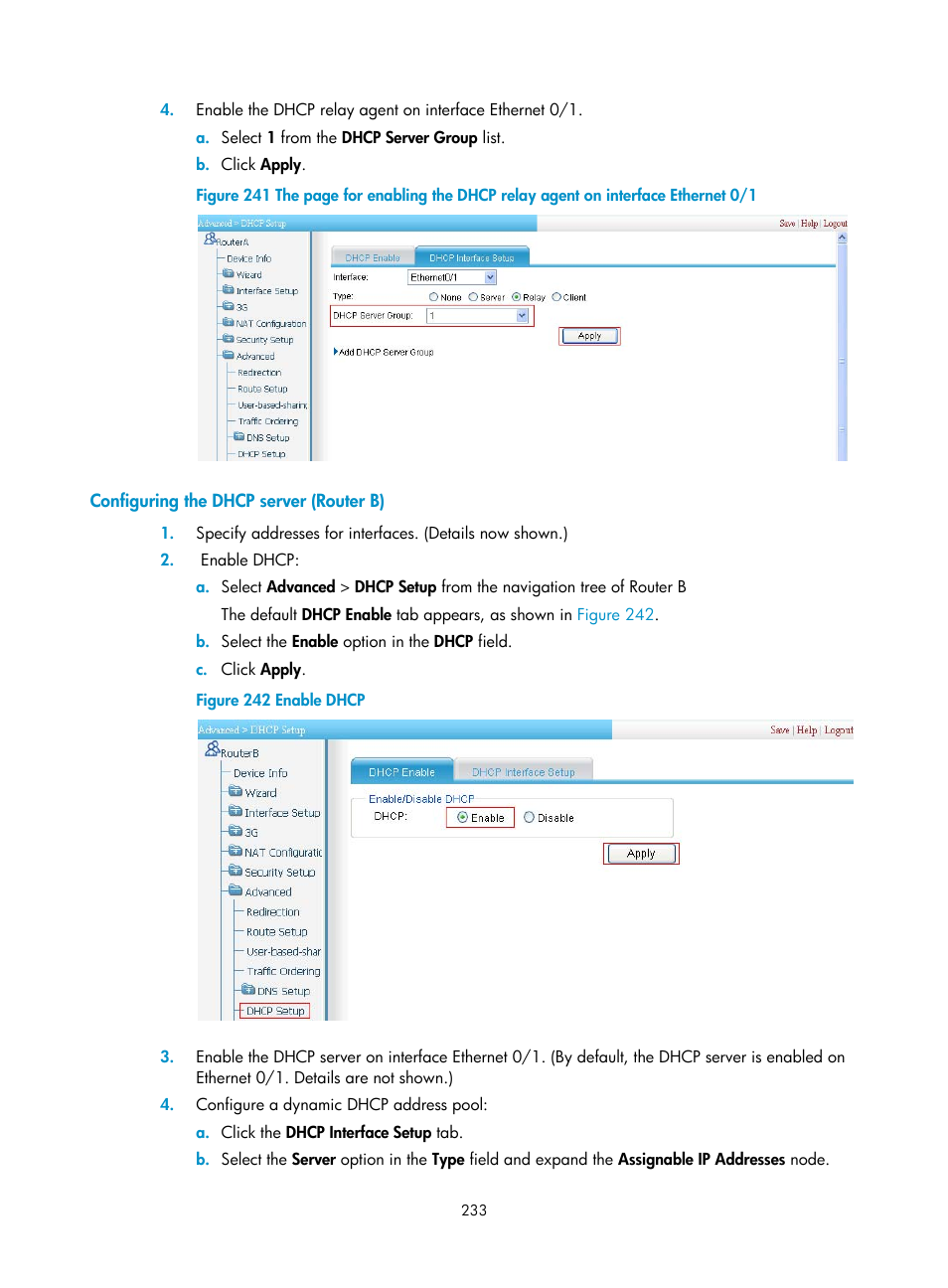 Configuring the dhcp server (router b) | H3C Technologies H3C MSR 50 User Manual | Page 254 / 877