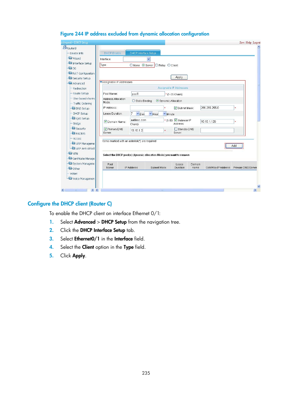 Configure the dhcp client (router c), Figure 244, Eld, as shown in | H3C Technologies H3C MSR 50 User Manual | Page 256 / 877