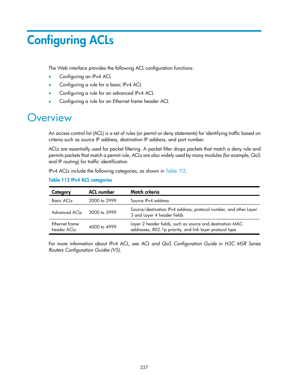 Configuring acls, Overview | H3C Technologies H3C MSR 50 User Manual | Page 258 / 877