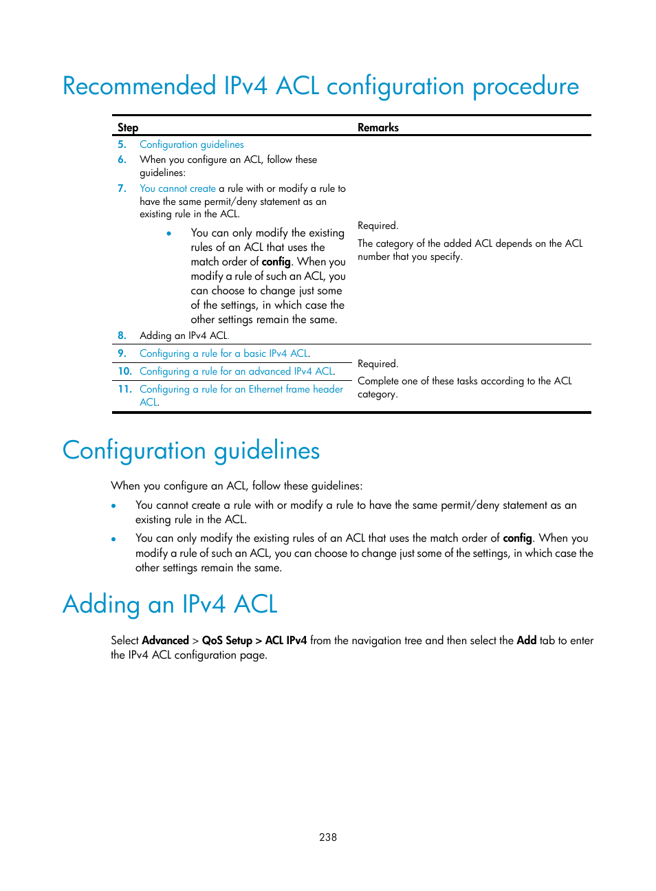 Recommended ipv4 acl configuration procedure, Configuration guidelines, Adding an ipv4 acl | H3C Technologies H3C MSR 50 User Manual | Page 259 / 877