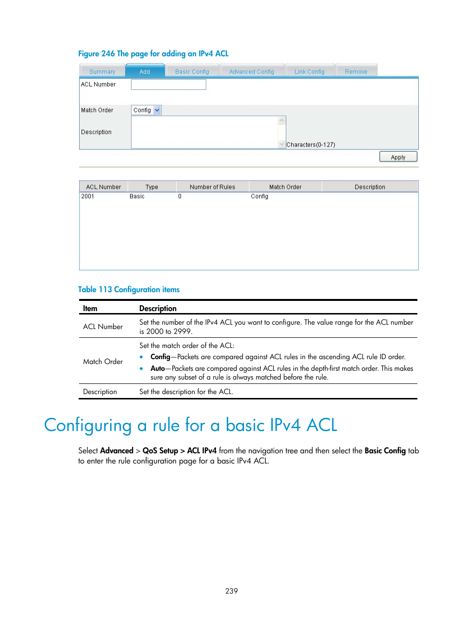 Configuring a rule for a basic ipv4 acl | H3C Technologies H3C MSR 50 User Manual | Page 260 / 877