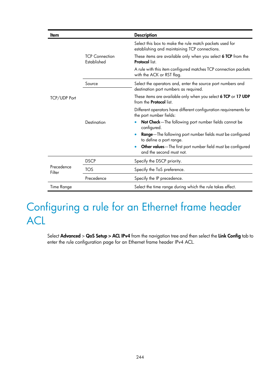 Configuring a rule for an ethernet frame header | H3C Technologies H3C MSR 50 User Manual | Page 265 / 877