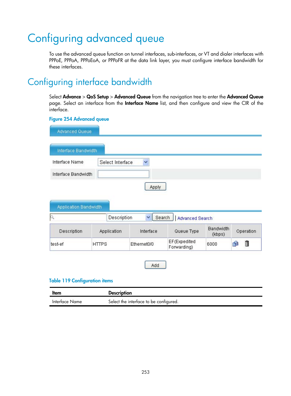 Configuring advanced queue, Configuring interface bandwidth | H3C Technologies H3C MSR 50 User Manual | Page 274 / 877