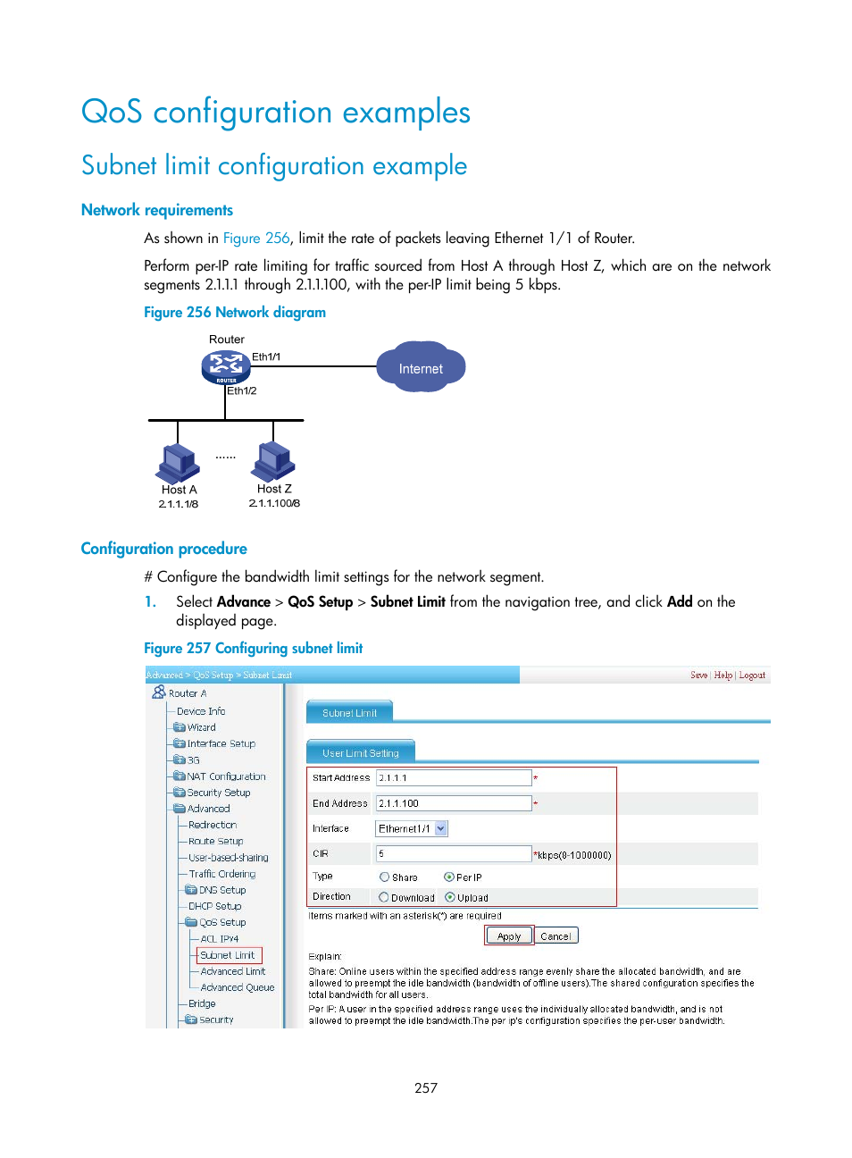 Qos configuration examples, Subnet limit configuration example, Network requirements | Configuration procedure | H3C Technologies H3C MSR 50 User Manual | Page 278 / 877