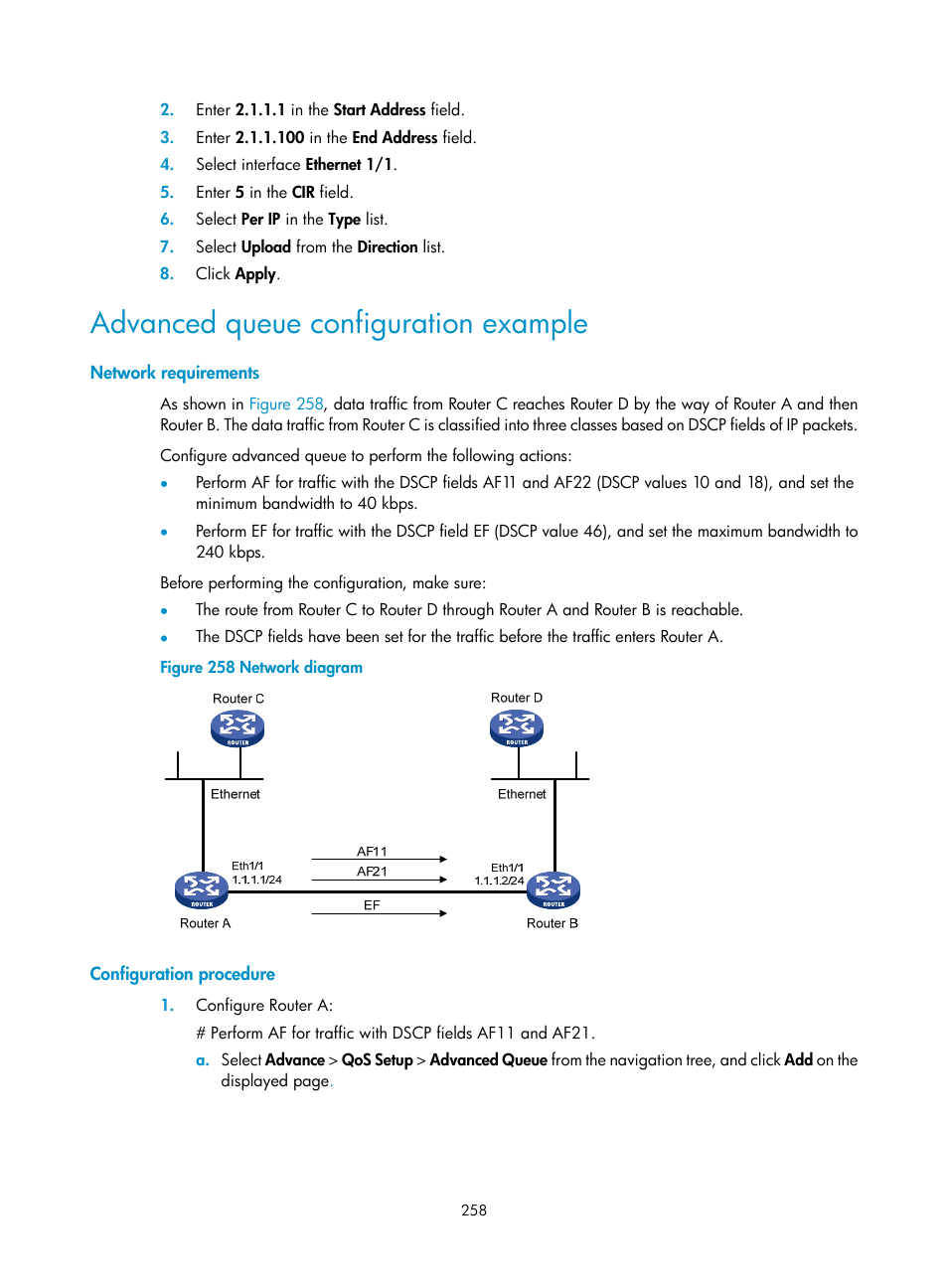 Advanced queue configuration example, Network requirements, Configuration procedure | H3C Technologies H3C MSR 50 User Manual | Page 279 / 877