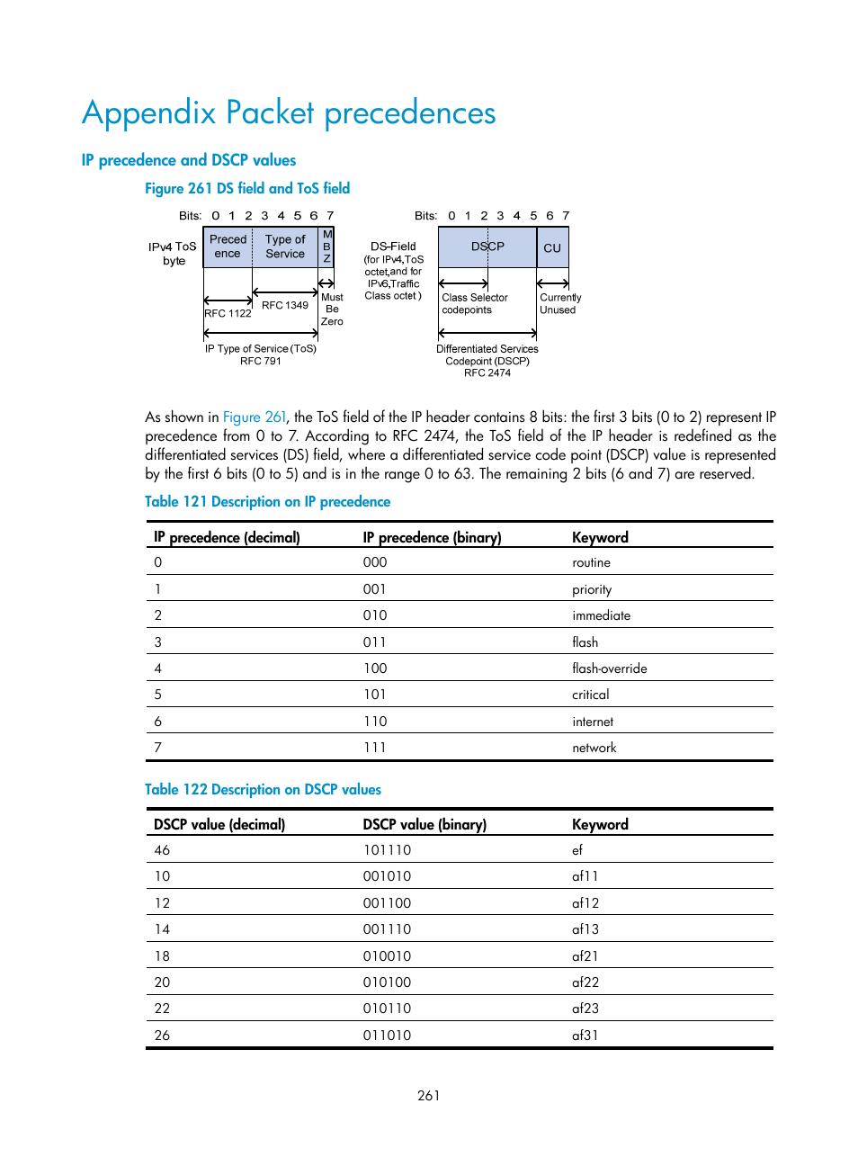 Appendix packet precedences, Ip precedence and dscp values, Appendix packet | Precedencesappendix, Packet | H3C Technologies H3C MSR 50 User Manual | Page 282 / 877