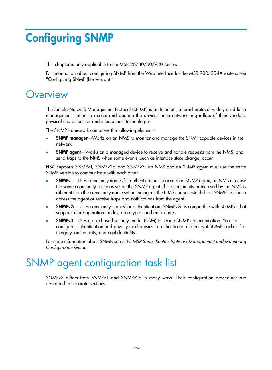 Configuring snmp, Overview, Snmp agent configuration task list | H3C Technologies H3C MSR 50 User Manual | Page 285 / 877