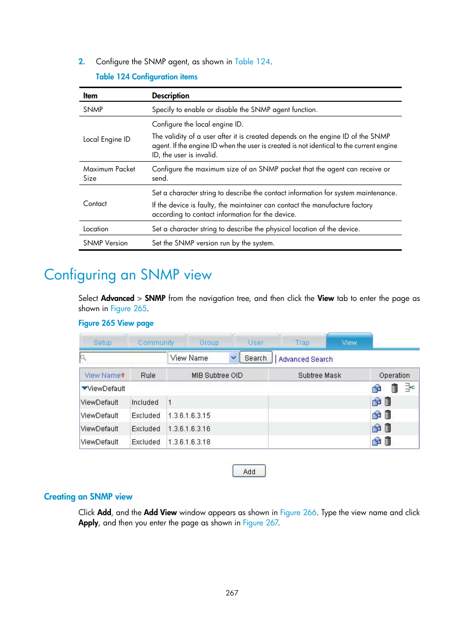 Configuring an snmp view, Creating an snmp view | H3C Technologies H3C MSR 50 User Manual | Page 288 / 877