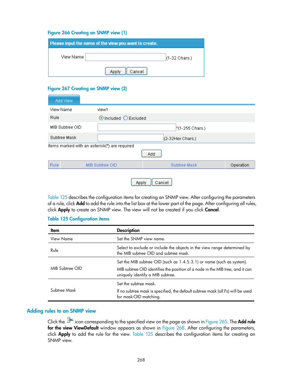 Adding rules to an snmp view, N in, Figure 266 | Figure 267 | H3C Technologies H3C MSR 50 User Manual | Page 289 / 877