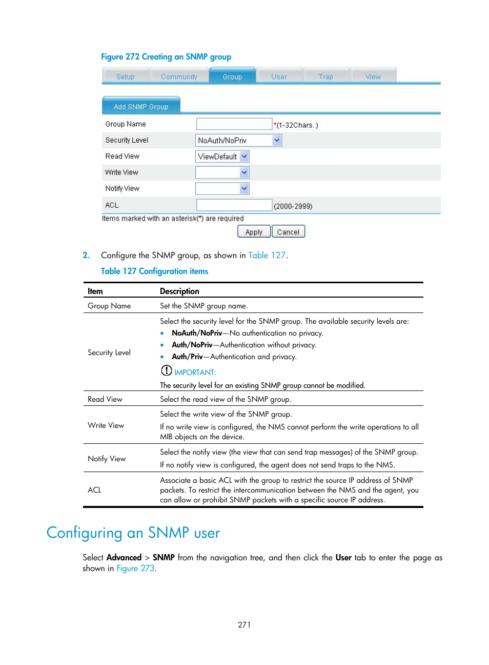 Configuring an snmp user | H3C Technologies H3C MSR 50 User Manual | Page 292 / 877