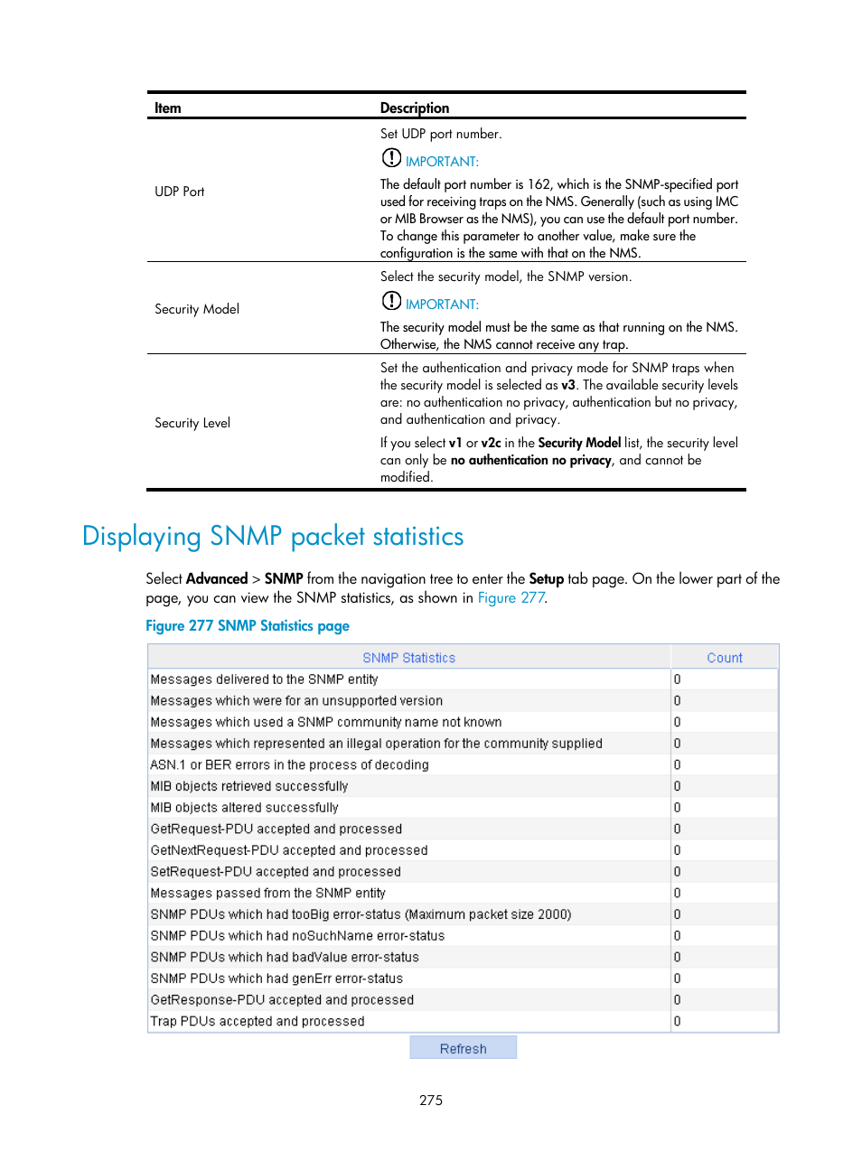 Displaying snmp packet statistics | H3C Technologies H3C MSR 50 User Manual | Page 296 / 877