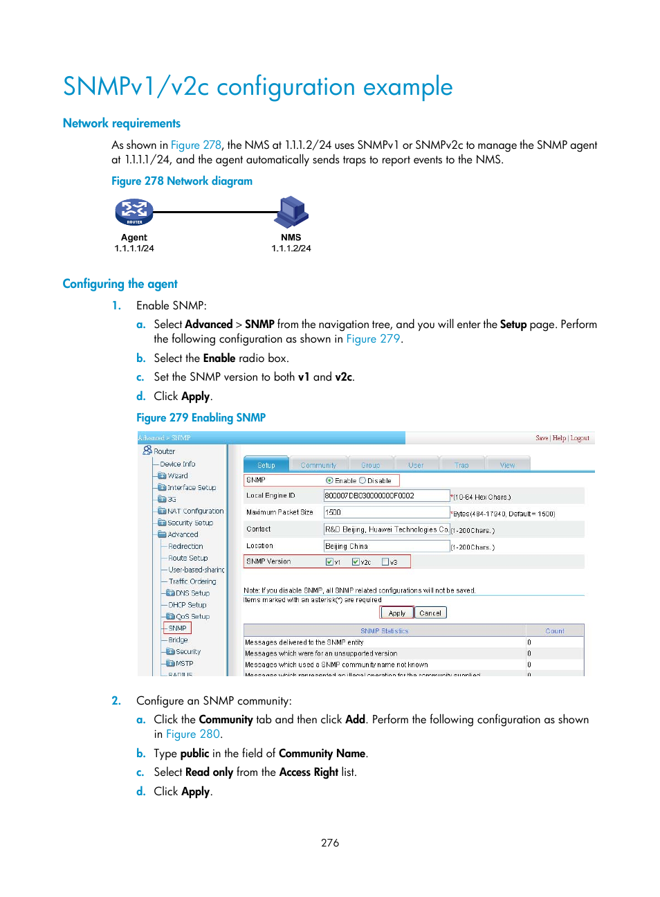 Snmpv1/v2c configuration example, Network requirements, Configuring the agent | H3C Technologies H3C MSR 50 User Manual | Page 297 / 877