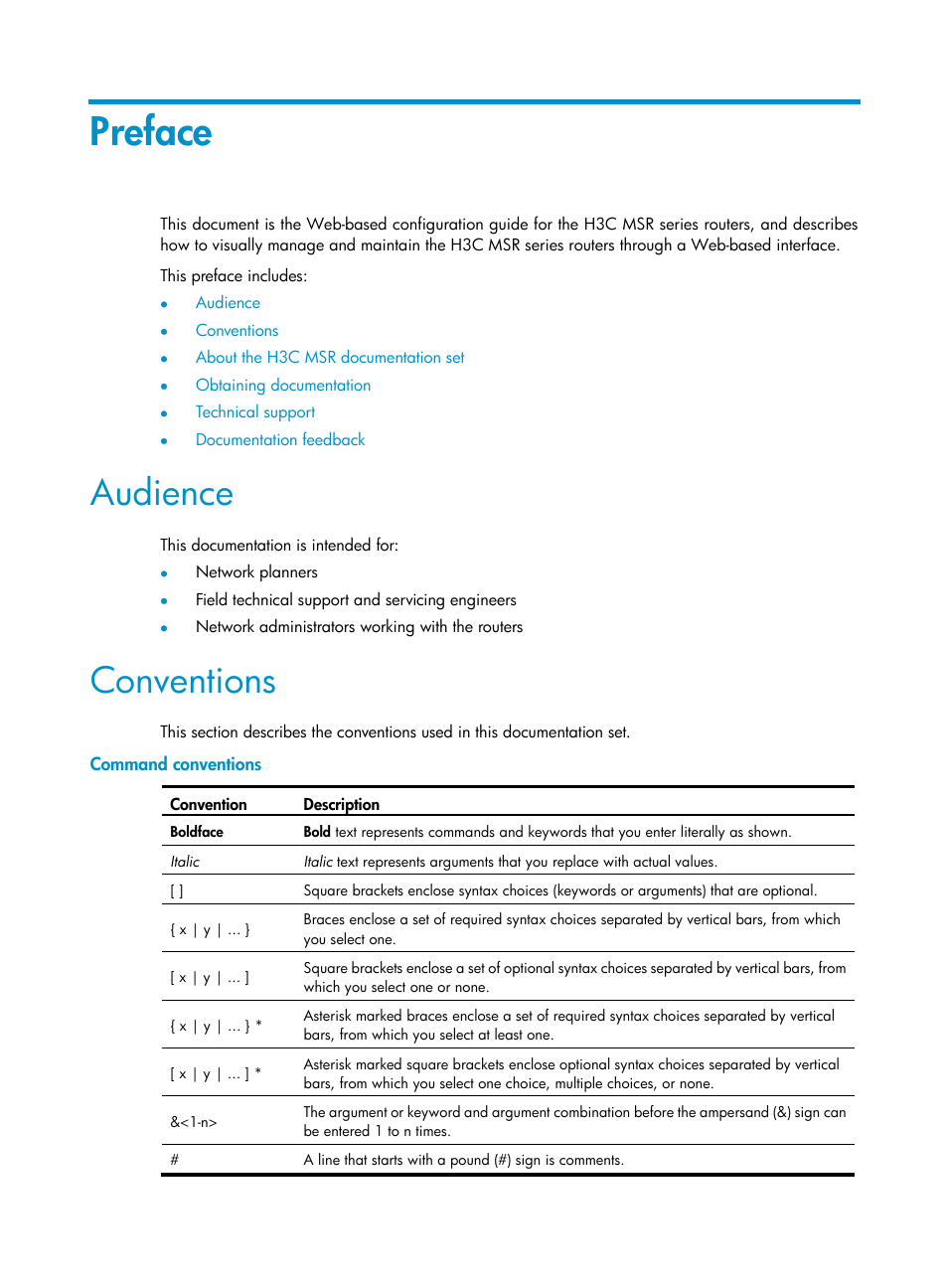 Preface, Audience, Conventions | Command conventions | H3C Technologies H3C MSR 50 User Manual | Page 3 / 877