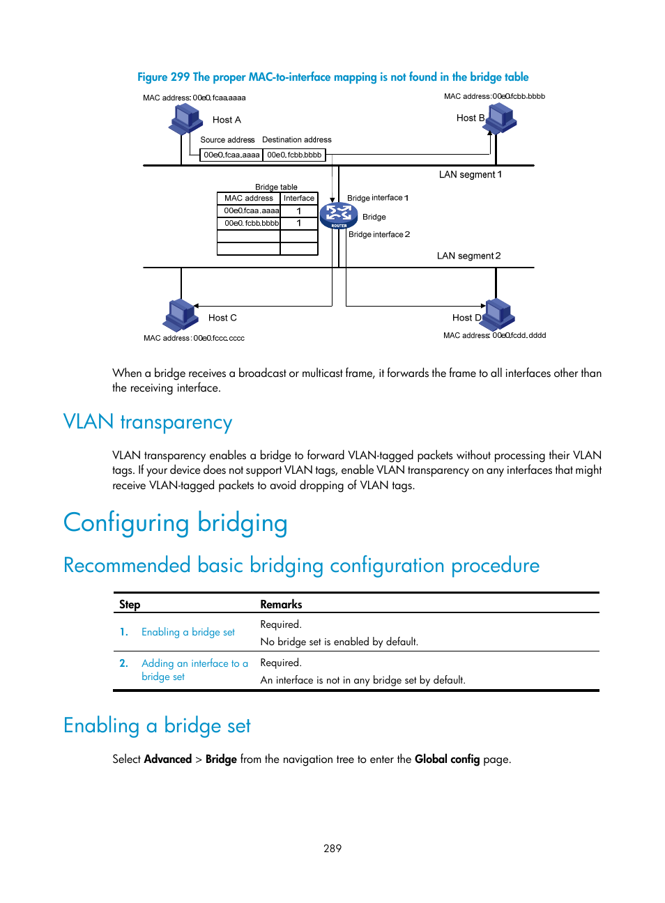 Vlan transparency, Configuring bridging, Recommended basic bridging configuration procedure | Enabling a bridge set, N in, Figure 299 | H3C Technologies H3C MSR 50 User Manual | Page 310 / 877