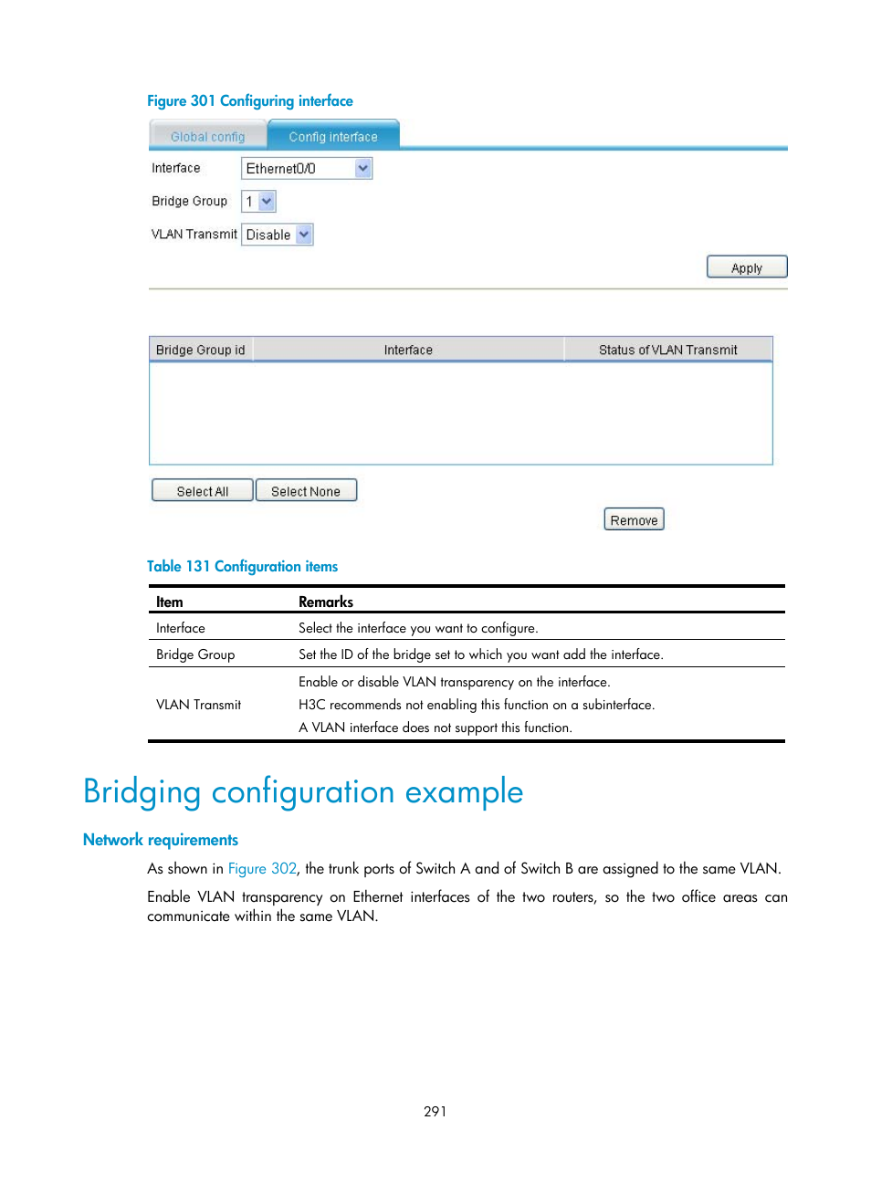 Bridging configuration example, Network requirements | H3C Technologies H3C MSR 50 User Manual | Page 312 / 877