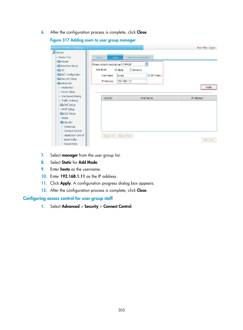 Configuring access control for user group staff | H3C Technologies H3C MSR 50 User Manual | Page 326 / 877