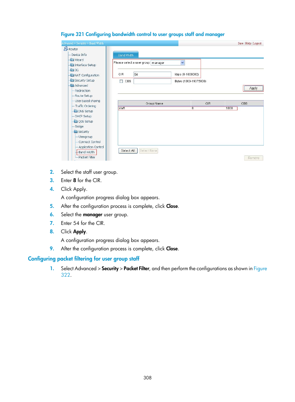 Configuring packet filtering for user group staff | H3C Technologies H3C MSR 50 User Manual | Page 329 / 877