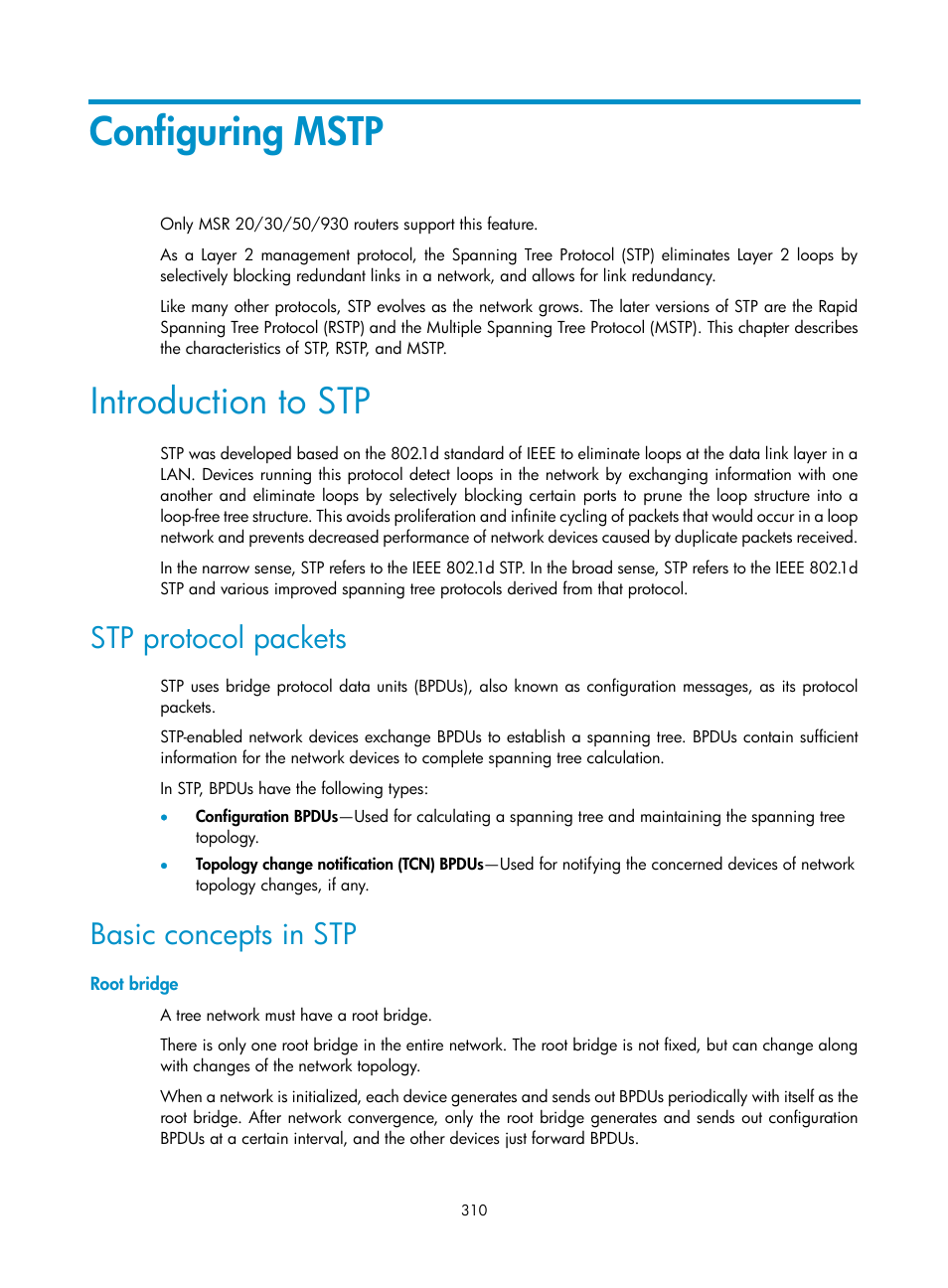 Configuring mstp, Introduction to stp, Stp protocol packets | Basic concepts in stp, Root bridge | H3C Technologies H3C MSR 50 User Manual | Page 331 / 877