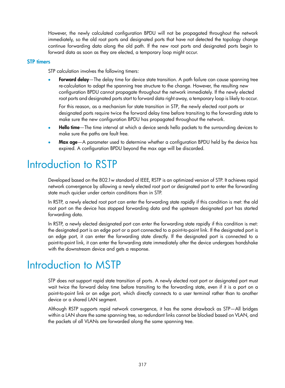 Stp timers, Introduction to rstp, Introduction to mstp | H3C Technologies H3C MSR 50 User Manual | Page 338 / 877