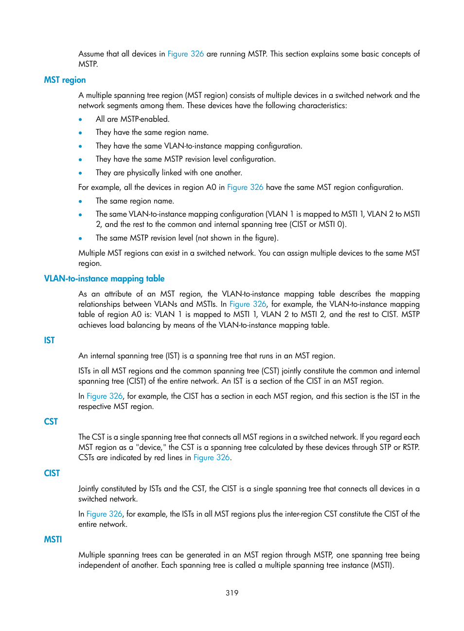 Mst region, Vlan-to-instance mapping table, Cist | Msti | H3C Technologies H3C MSR 50 User Manual | Page 340 / 877