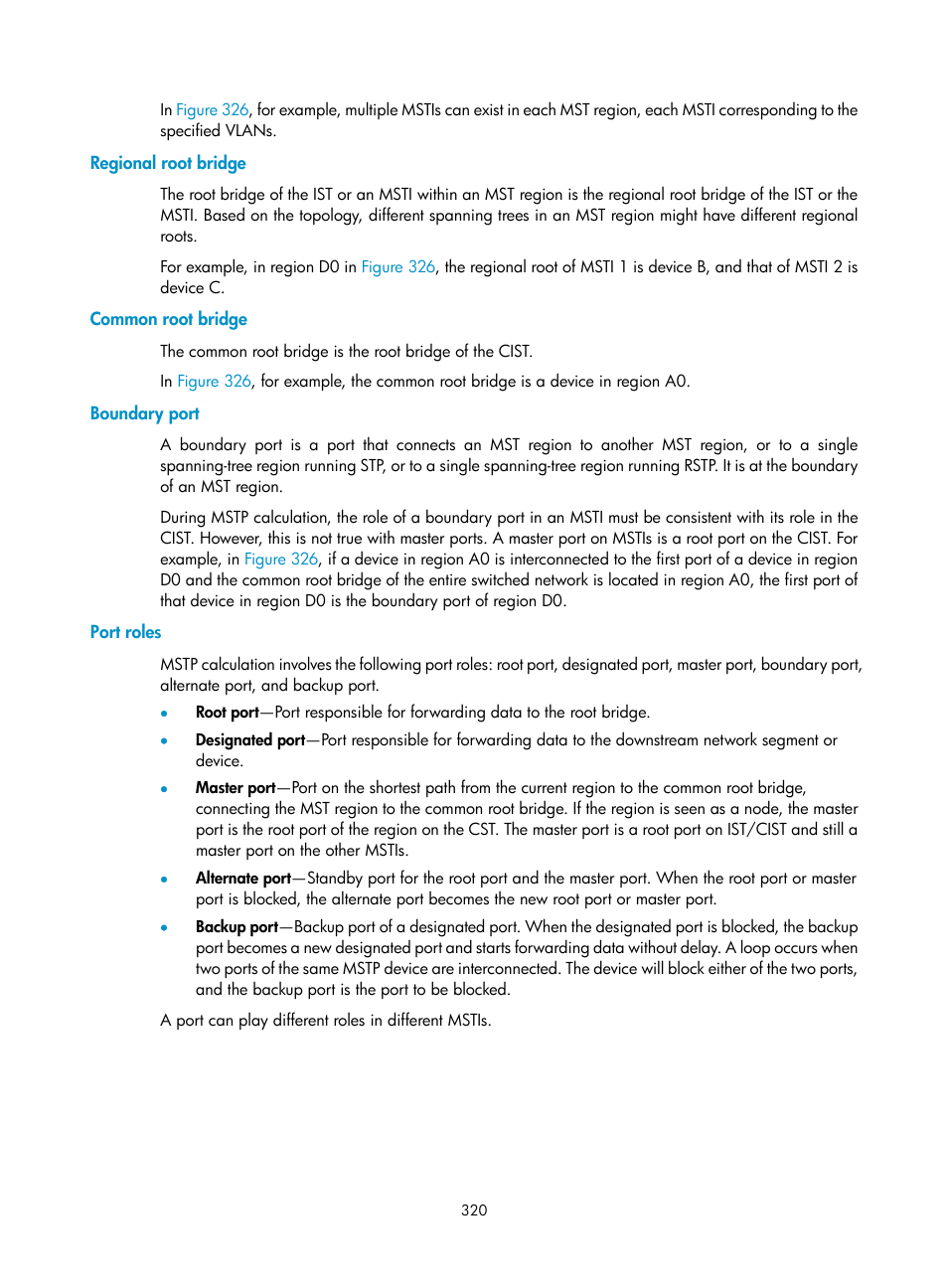 Regional root bridge, Common root bridge, Boundary port | Port roles | H3C Technologies H3C MSR 50 User Manual | Page 341 / 877