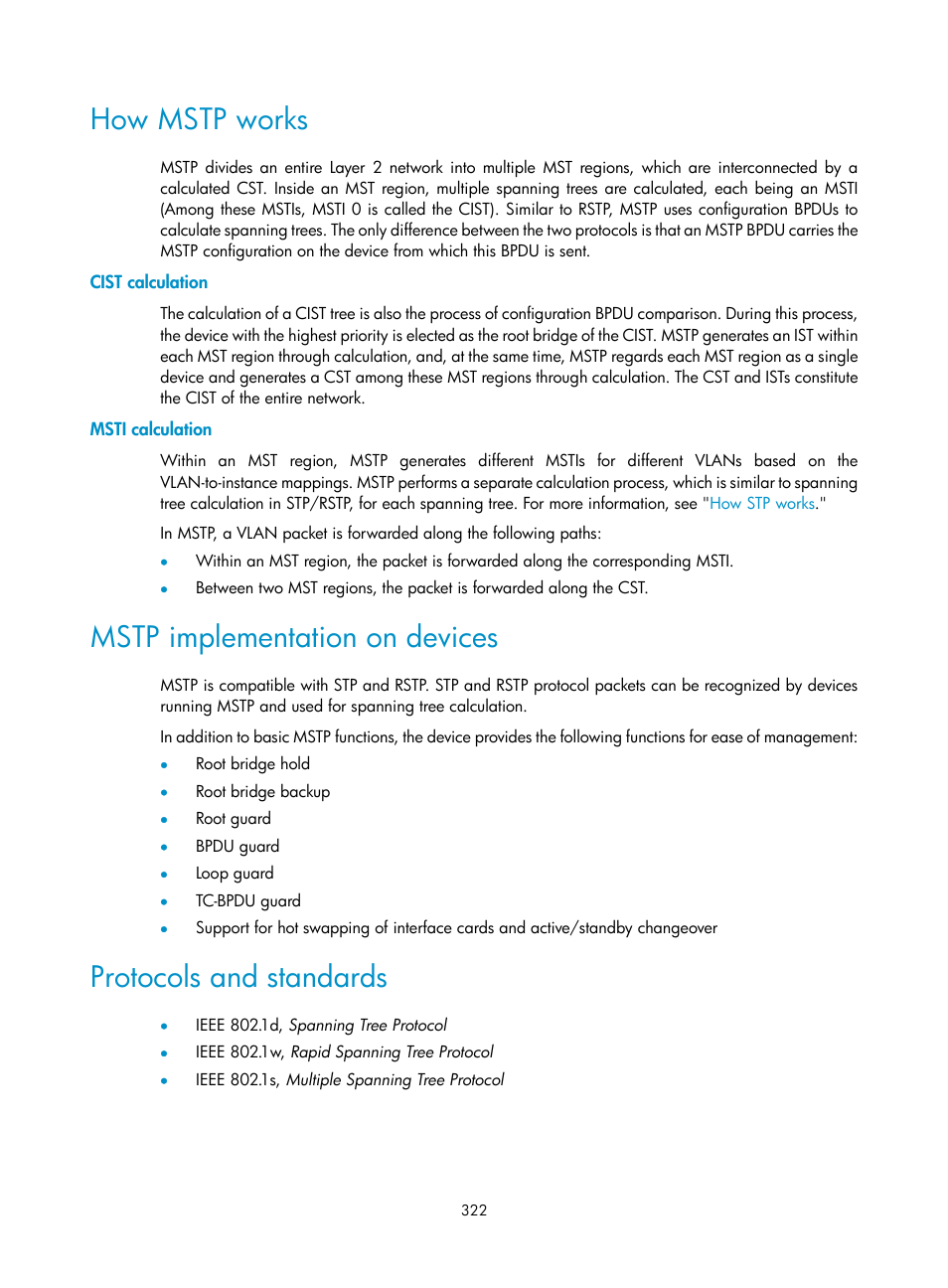 How mstp works, Cist calculation, Msti calculation | Mstp implementation on devices, Protocols and standards | H3C Technologies H3C MSR 50 User Manual | Page 343 / 877